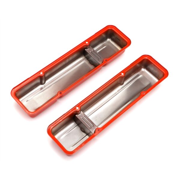 TRANS-DAPT PERFORMANCE PRODUCTS CHEVY 283-400 SHORT ORANGE POWDER COATED BAFFLED VALVE COVERS