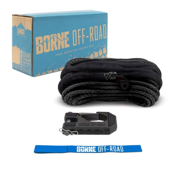 Borne Off-Road Replacement Synthetic Winch Rope, Hook, and Tether Strap, Black