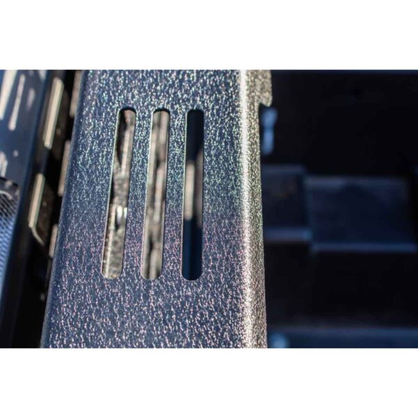 Black textured powder coat, 10-Gauge steel, Stainless Steel hardware