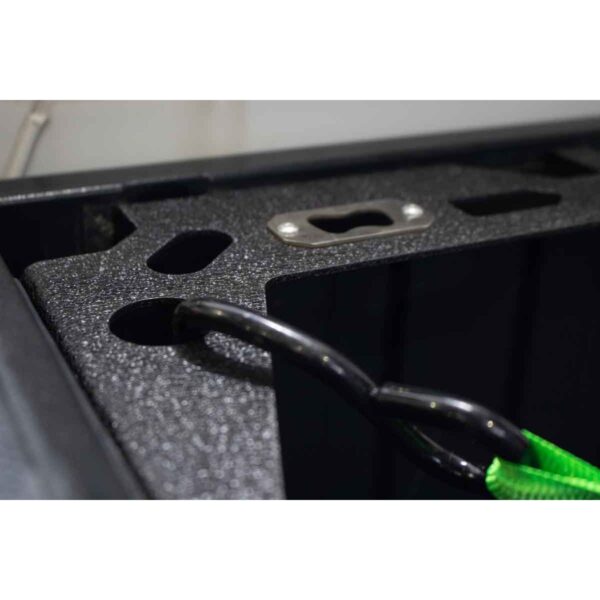 Black textured powder coat, 10-Gauge steel, Stainless Steel hardware