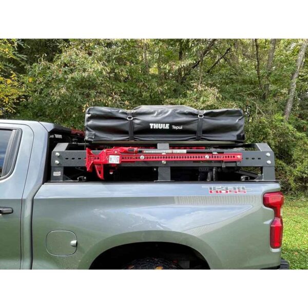 74in. fits long bed, Black textured powder coat, 10-Gauge steel, Stainless Steel hardware, Half Height Tackle Rack measures 12.5 in. off of top of bed rail