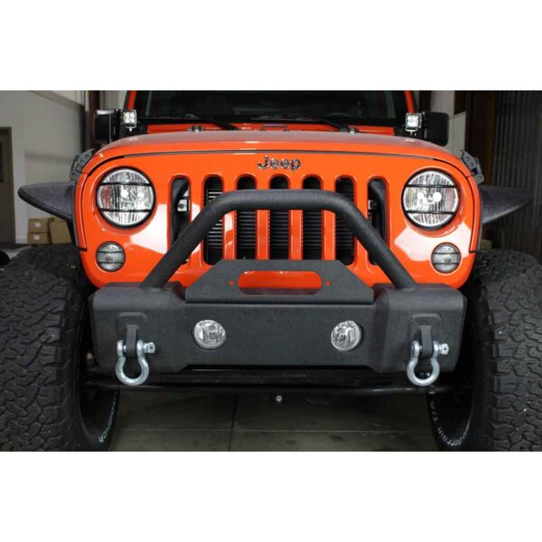 Black textured powder coat, Steel, 2 in. diameter raised tube winch guard.