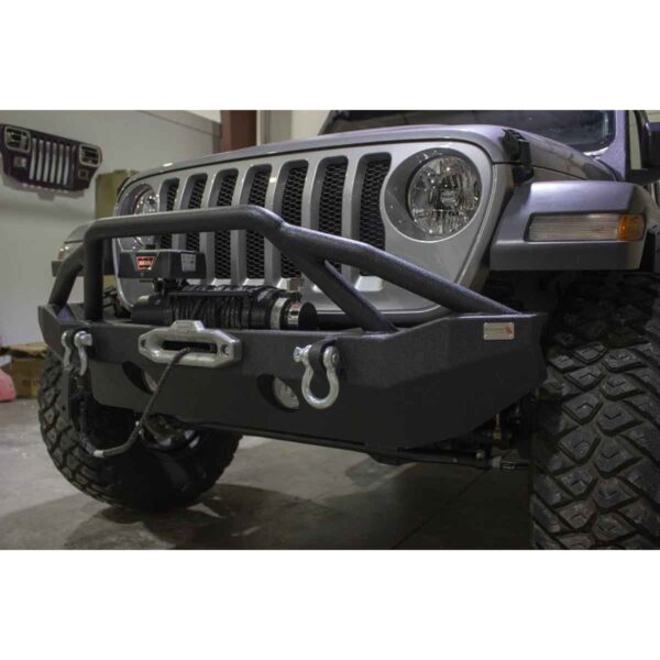 Black textured powder coat, 2 in. diameter raised tube winch guard, 59-1/2 in. wide