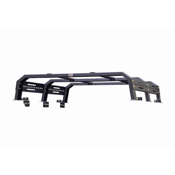 61in. fits short bed, Black textured powder coat, 10-Gauge steel, Stainless Steel hardware, Half Height Tackle Rack measures 12.5 in. off of top of bed rail