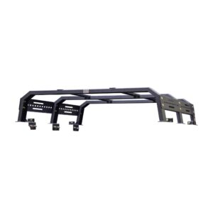 74in. fits long bed, Black textured powder coat, 10-Gauge steel, Stainless Steel hardware, Half Height Tackle Rack measures 12.5 in. off of top of bed rail