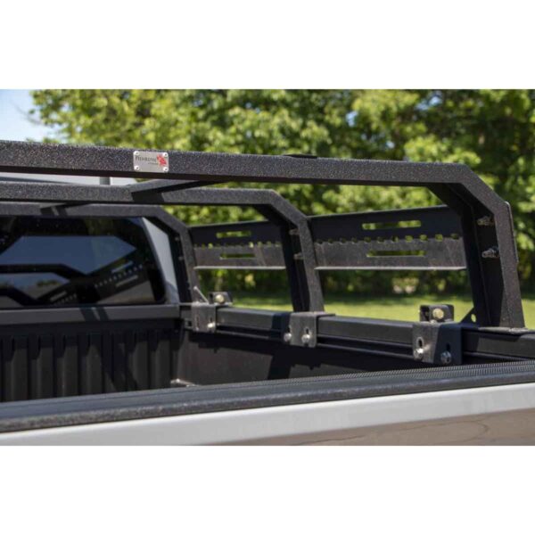 61in. fits short bed, Black textured powder coat, 10-Gauge steel, Stainless Steel hardware, Half Height Tackle Rack measures 12.5 in. off of top of bed rail