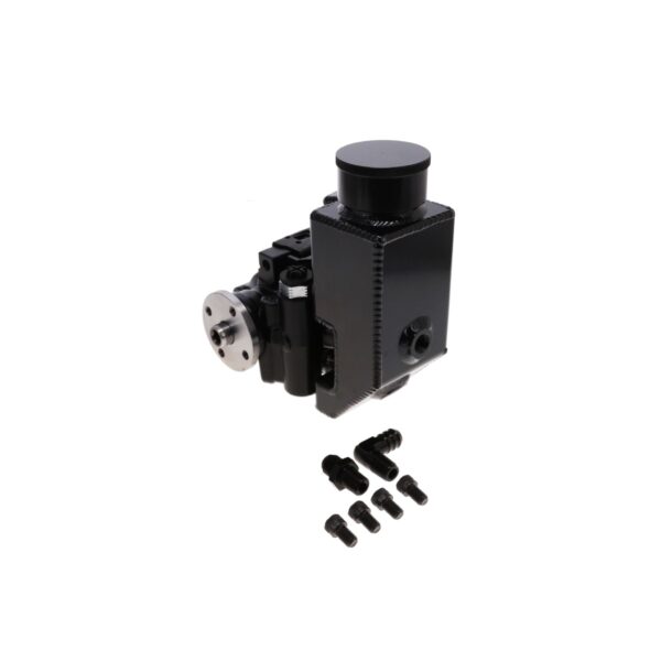 GM Type II Style Black Power Steering Pump with 14 oz Fabricated Aluminum Reservoir and Pulley Hub