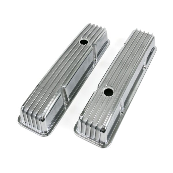 TSP Valve Covers; Cast Alum.; Finned; Long Bolt with Holes; SBC Perim.; Polished