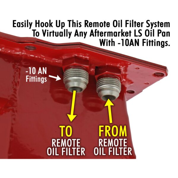 TRANS-DAPT PERFORMANCE PRODUCTS, LS SWAP ENGINE OIL PAN (BLACK PAN WITH KICKOUTS) AND DOUBLE FILTER INTEGRATION COMBO KIT; FOR CLASSIC MUSCLE CAR AND TRUCK LS ENGINE SWAP PROJECTS; 7 QT. REAR SUMP STEEL OIL PAN WITH DRIVER AND PASSENGER SIDE KICKOUTS, AND CAST ALUMINUM, DOUBLE, HORIZONTAL PORT OIL FILTER REMOTE RELOCATION KIT