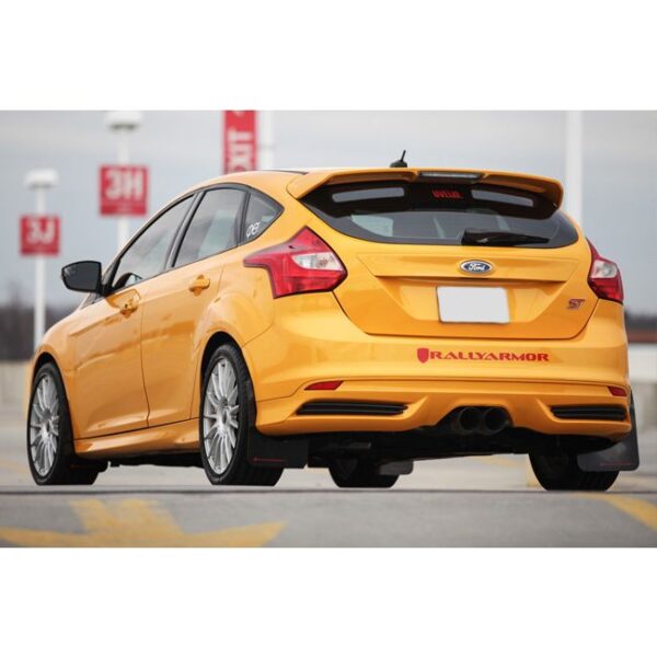 Rally Armor MF27-UR-BLK/TS - 2013-2019 Ford Focus SE, Titanium, ST, RS - Black Mud Flap/Tangerine Scream Logo
