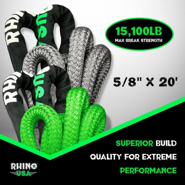 RHINO USA KINETIC ENERGY RECOVERY ROPE (5/8" X 20') GRAY