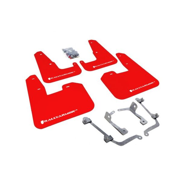 Rally Armor MF15-UR-RD/WH - 2011-2014 Subaru WRX Hatchback / 2008-2014 Subaru STI Hatchback - Red Mud Flap/White Logo