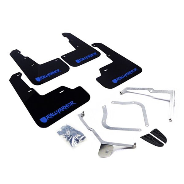 Rally Armor MF32-UR-BLK/BL-X - 2015-2019 Subaru WRX Sedan / 2015-2019 Subaru STI Sedan - Black Mud Flap/Altered Font Blue Logo