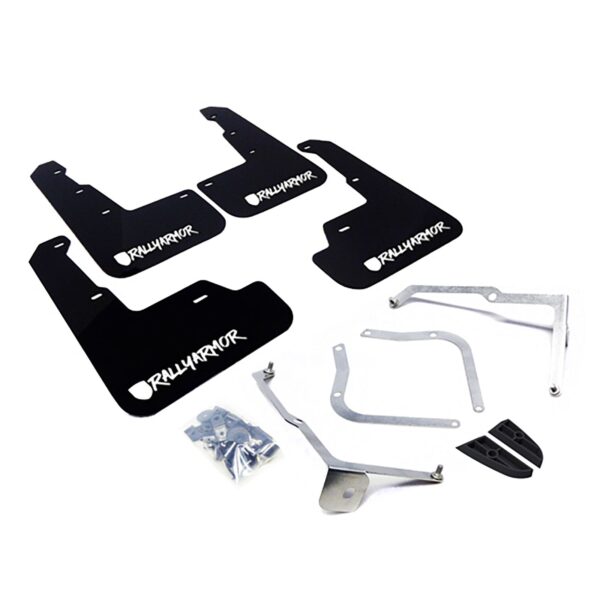 Rally Armor MF32-UR-BLK/WH-X - 2015-2019 Subaru WRX Sedan / 2015-2019 Subaru STI Sedan - Black Mud Flap/Altered Font White Logo