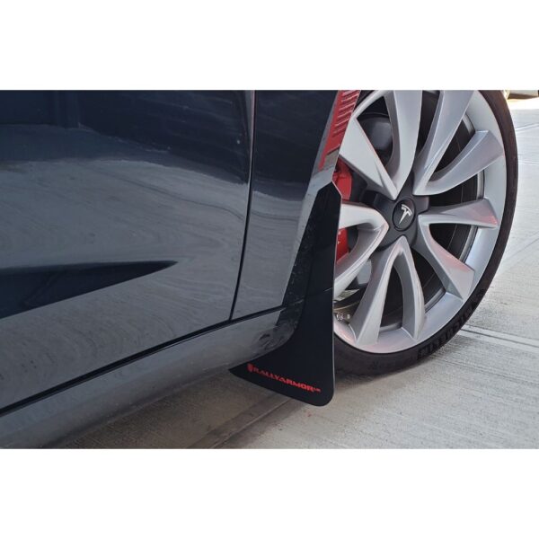 Rally Armor MF62-UR-BLK/MBK - 2017-23 Tesla 3 - Black Mud Flap/Metallic Black Logo